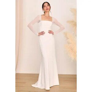 Lulus Lovingly Yours White Mesh Long Sleeve Maxi Dress Wedding Medium NWOT